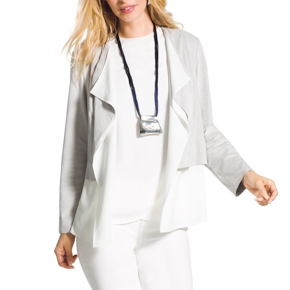 Chico's Open Front Faux Suede Jacket Jacket Sz L White Gray Layered Office - Picture 1 of 15